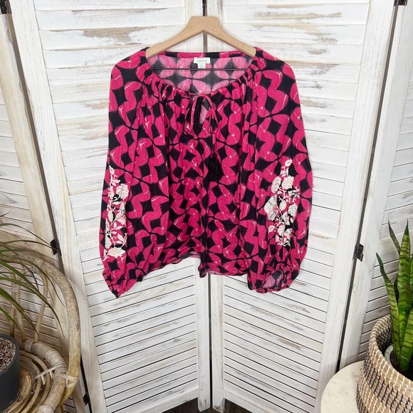 Sundance Women's Hyacinth Batik Print Gauzy Embroidered Top Bright Pink Black L - Picture 7 of 14
